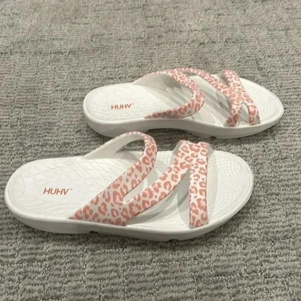 White & Pink Leopard Print Slide Sandals - Picture 3 of 7
